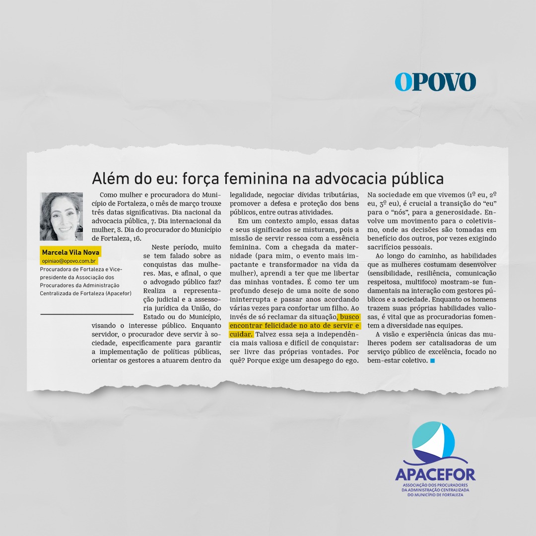 Procuradora Municipal de Fortaleza, Marcela Vila Nova tem artigo publicado no jornal O Povo